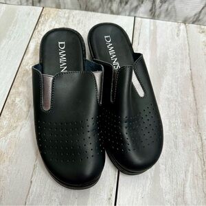 Damiani's Black Leather Upper Slip-On Mules Shoes Silver Stretch Accents Comfy
